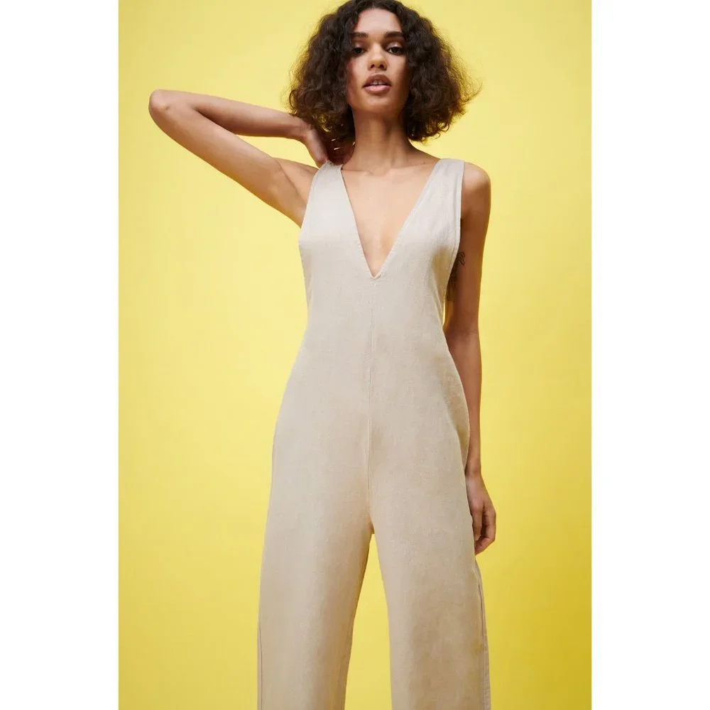Zara Linen Wide Straight Leg Long Jumpsuit Overalls High Rise Waisted V-Neck XS - Picture 5 of 10